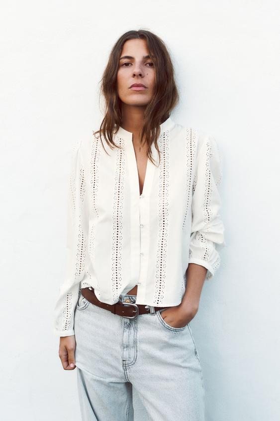 Blusa blanca de encaje con agujeros para mujer camisa de manga larga con  botones 