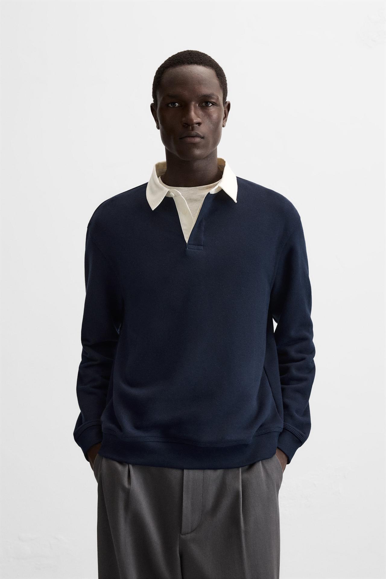 CONTRAST COLLAR POLO SWEATSHIRT - Navy blue by Zara