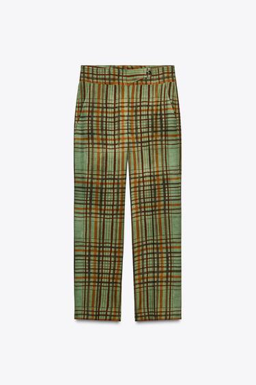 Zara ZW COLLECTION CROP FLARE PLAID PANTS - Green