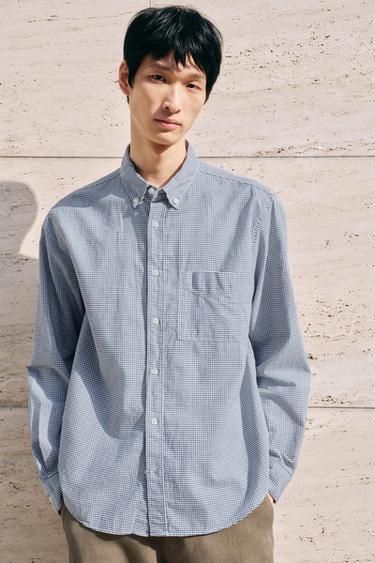 Zara 格紋紋理襯衫 - 海藍色 / 白色