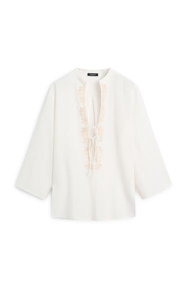 Zara Flowing oversize blouse with stand collar and embroidery - Ecru