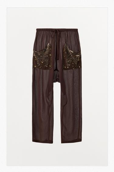 BAGGYHOSE MIT SCHMUCKPERLEN UND PAILLETTEN - Braun von Zara