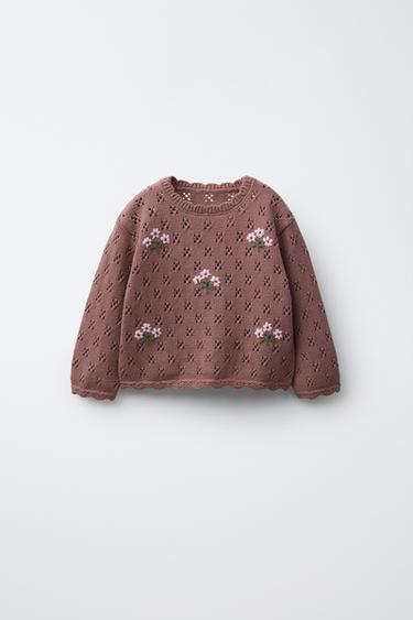 CUTWORK KNIT SWEATER WITH EMBROIDERY - Pink / Mauve by Zara