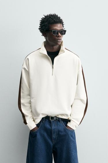 Zara CONTRAST STRIPE QUARTER-ZIP SWEATSHIRT - Ecru