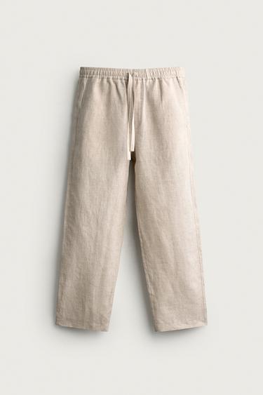 100% LINEN RELAXED FIT PANTS — Light beige 1