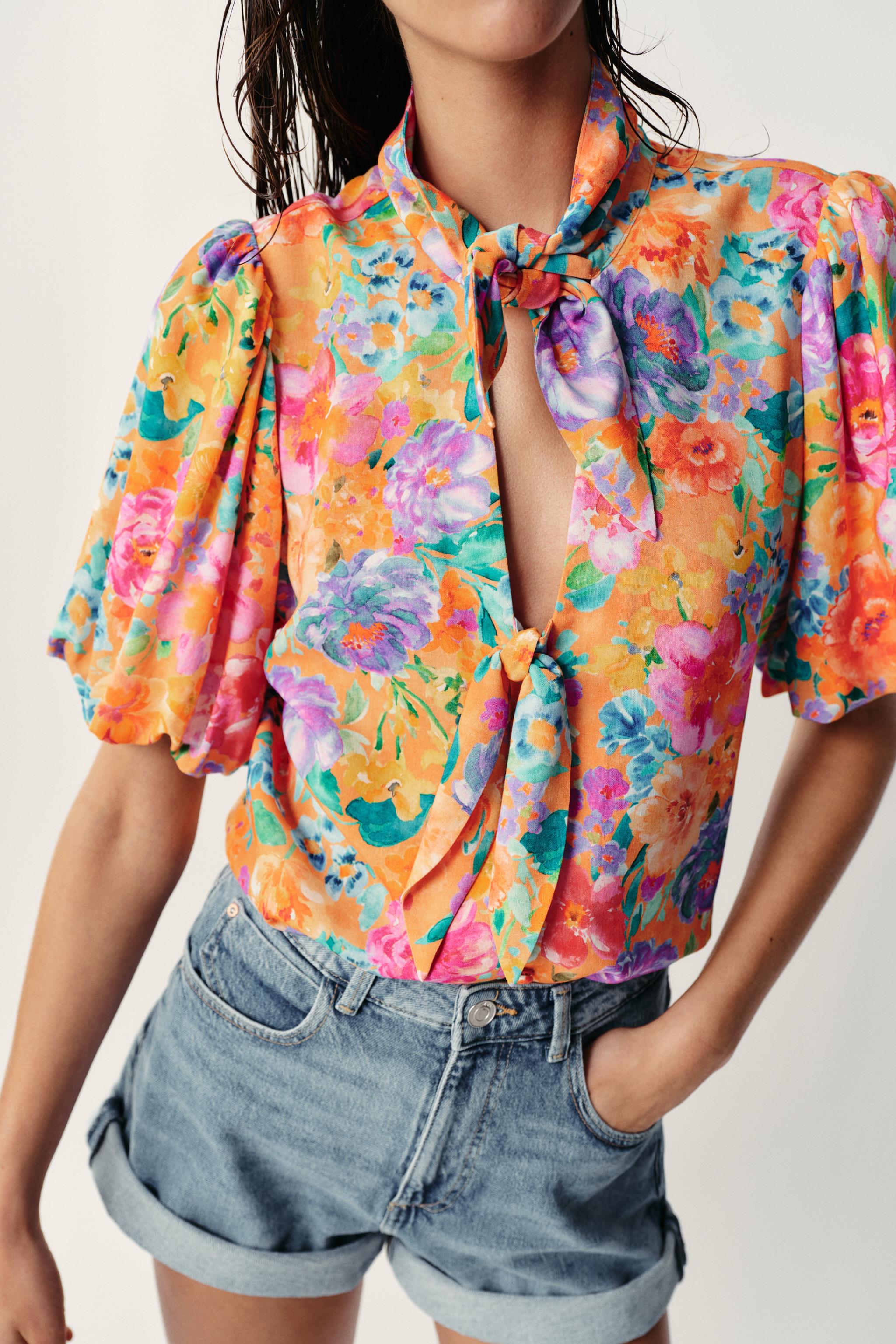 Женские рубашки Zara FLORAL PRINT TIE-FRONT SHIRT — фото 3