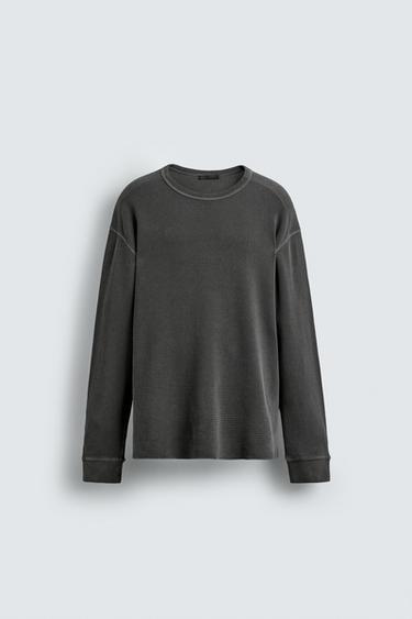 WASHED WAFFLE-KNIT T-SHIRT - Dark grey by Zara