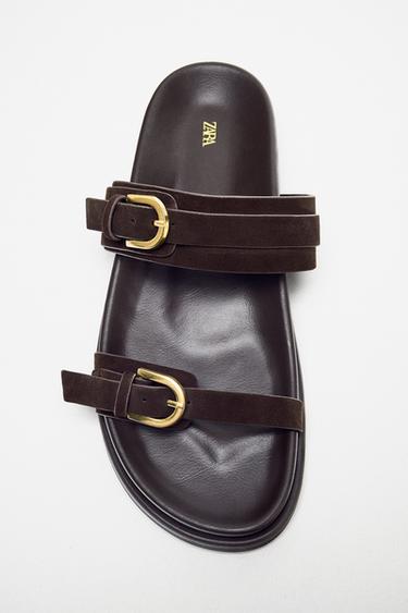 SANDALIA PIEL DOBLE HEBILLA - Marrón de Zara