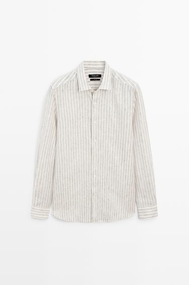 Zara 100% linen regular fit striped shirt - Brown