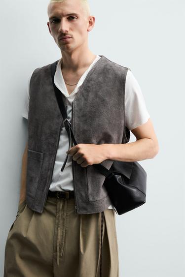 RELAXED FIT SUEDE LEATHER GILET - Grey by Zara - Image 5