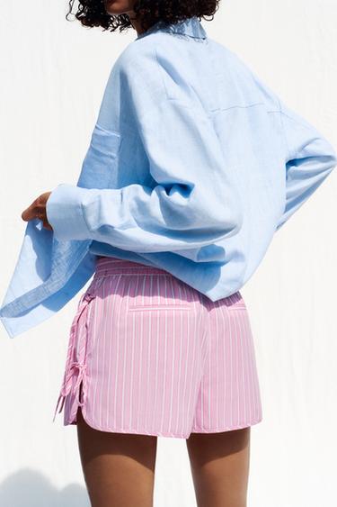 BERMUDA EN POPELINE RAYÉE AVEC LACETS LATÉRAUX - Rose / Blanc de Zara - Image 4