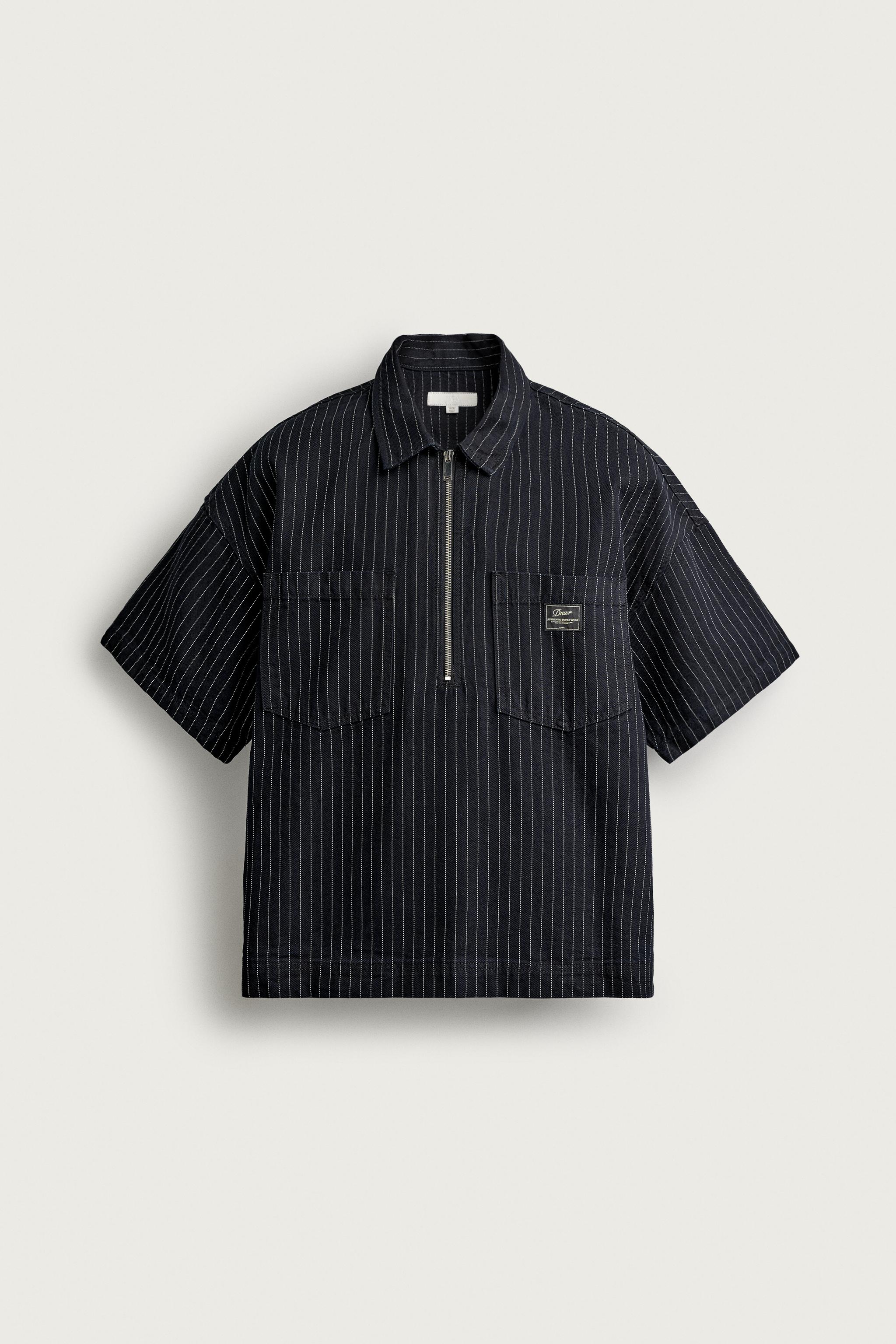 PINSTRIPE BOXY FIT DENIM SHIRT — Blue