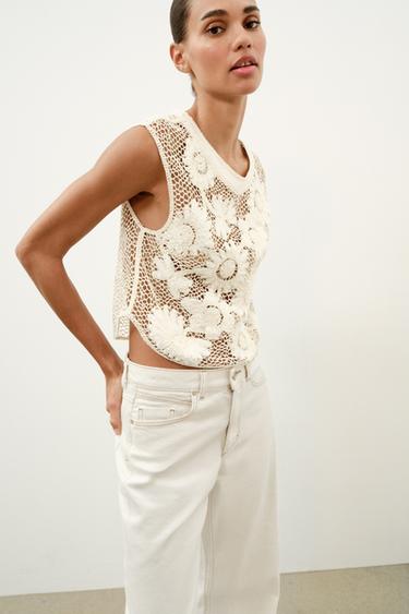 Zara CROCHET FLORAL TOP - White