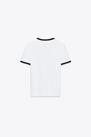 ZARA T-SHIRT WITH TRIM AND BROOCH - White by Zara - Image 5