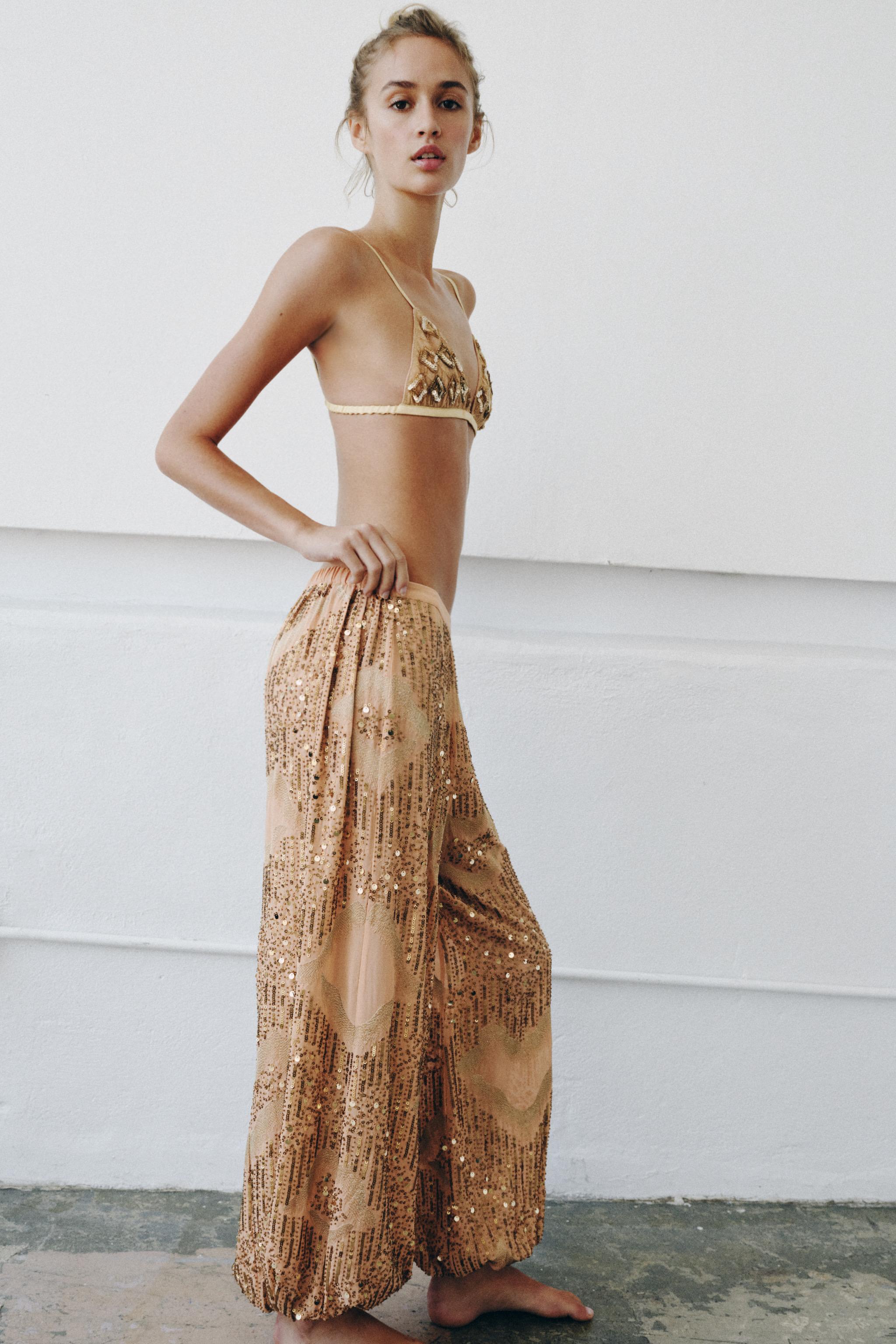 BEADED AND SEQUIN BALLOON PANTS — Orange