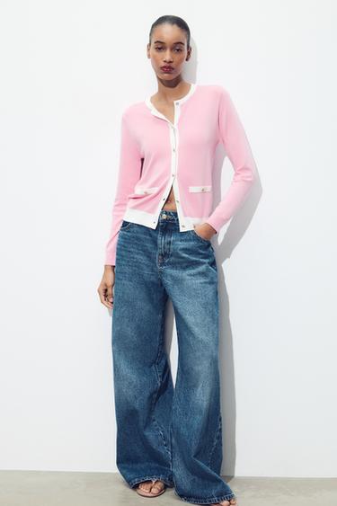 CHAQUETA PUNTO BORDES COMBINADOS - Rosa / Blanco | ZARA Chile