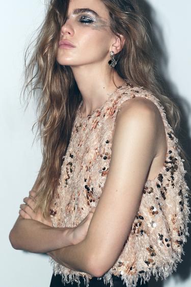 FRAYED SEQUIN TOP - Beige-pink by Zara