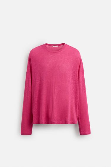 VISCOSE - LINEN T-SHIRT - Fuchsia by Zara