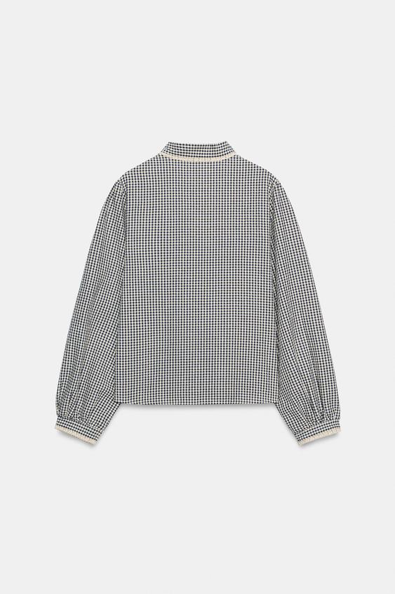 BLOUSE À CARREAUX, NŒUD ET DENTELLE - Écru / Bleu marine de Zara - Image 5