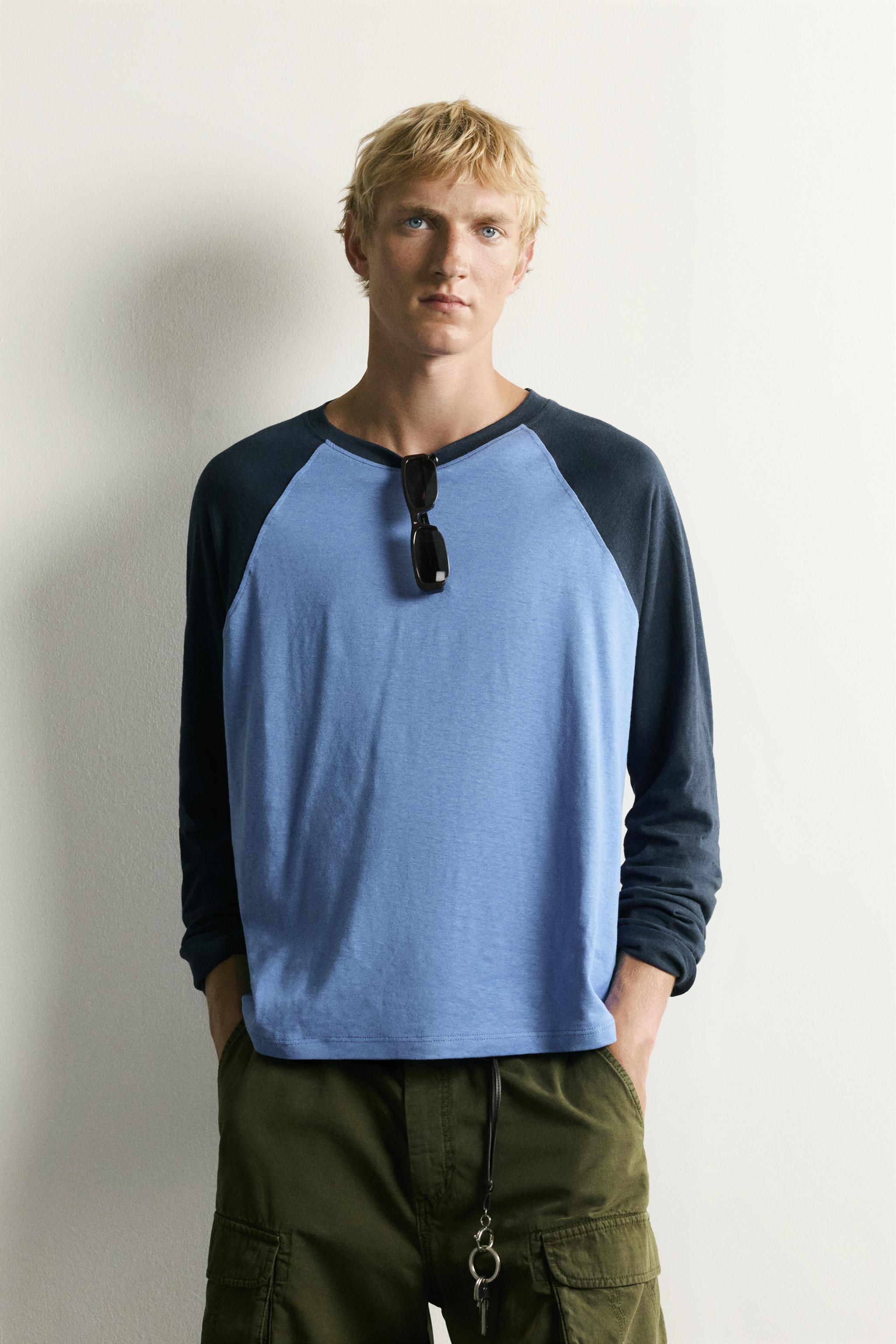 COTTON-LINEN LONG SLEEVE RAGLAN T-SHIRT — Blue / Indigo
