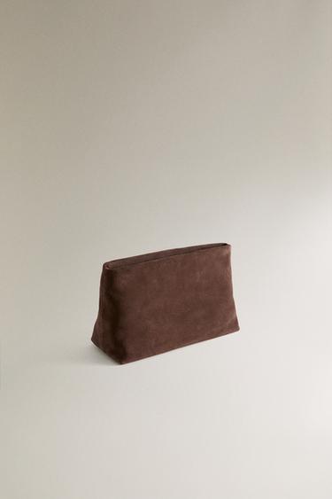 MEDIUM SPLIT LEATHER WASH BAG - Chocolate Brown by Zara - Image 1