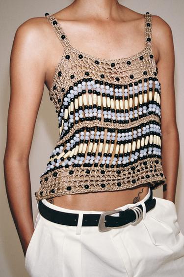 BEADED KNIT TOP - Beige by Zara