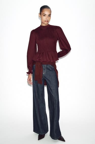 Zara SMOCKED SHIRT - Burgundy