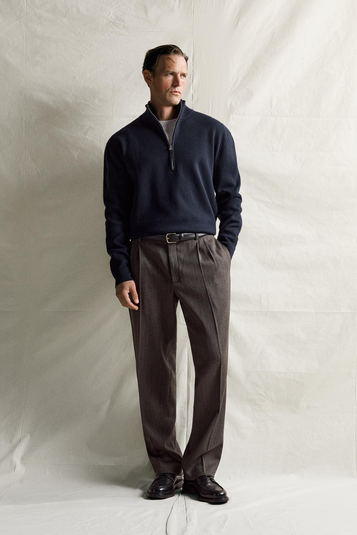 Мужской свитер Zara Cotton-Wool Quarter-Zip, цвет: Тёмно-синий — фото 1