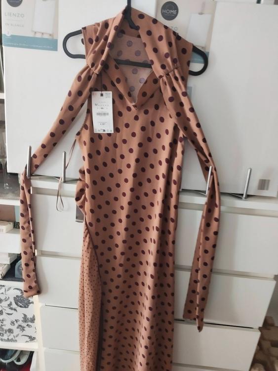 brown polka dot dress zara MIDI WITH BOW SECOND HAND Zara halter neck