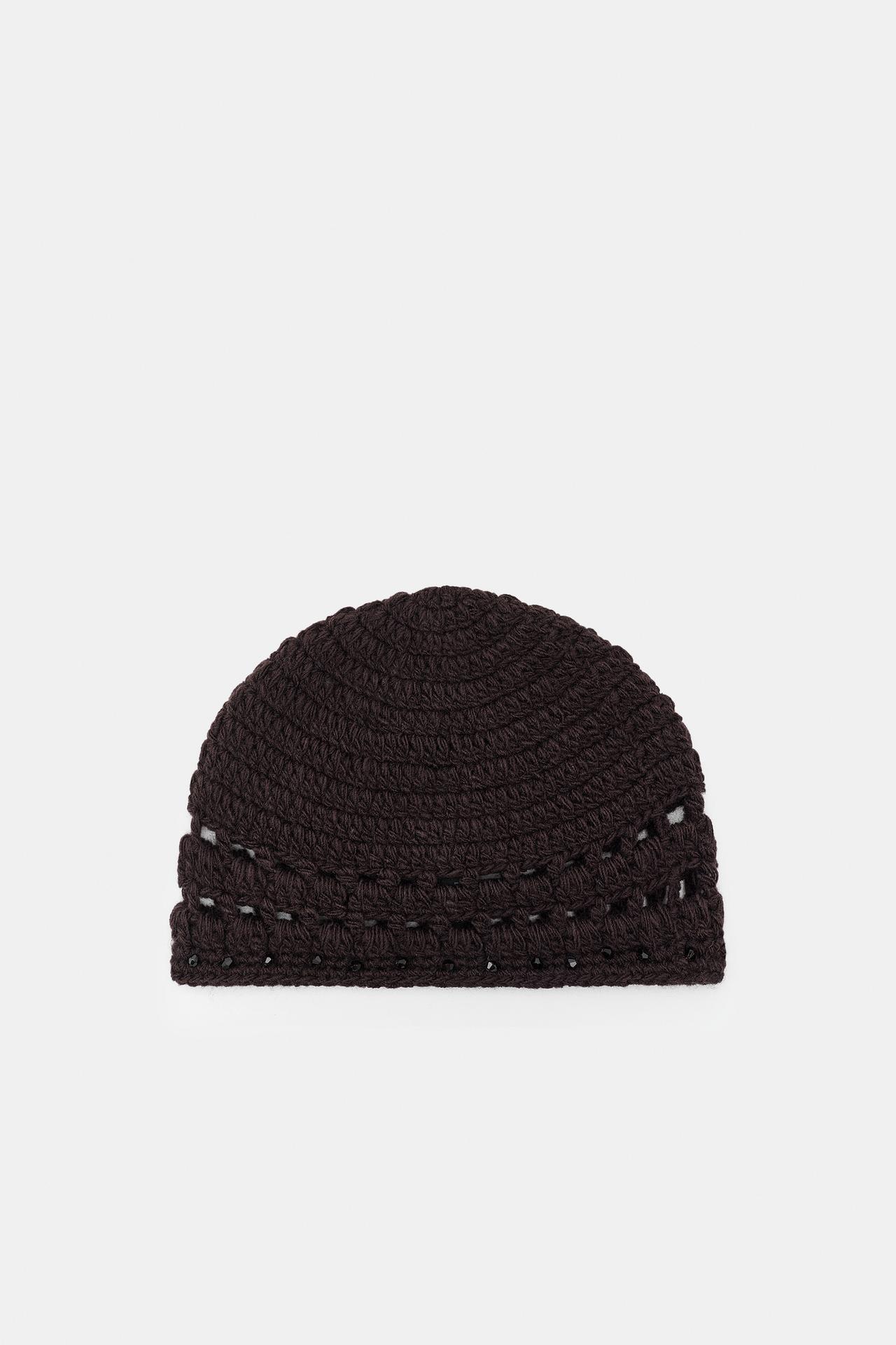 BEADED CROCHET SKULL CAP — Brown