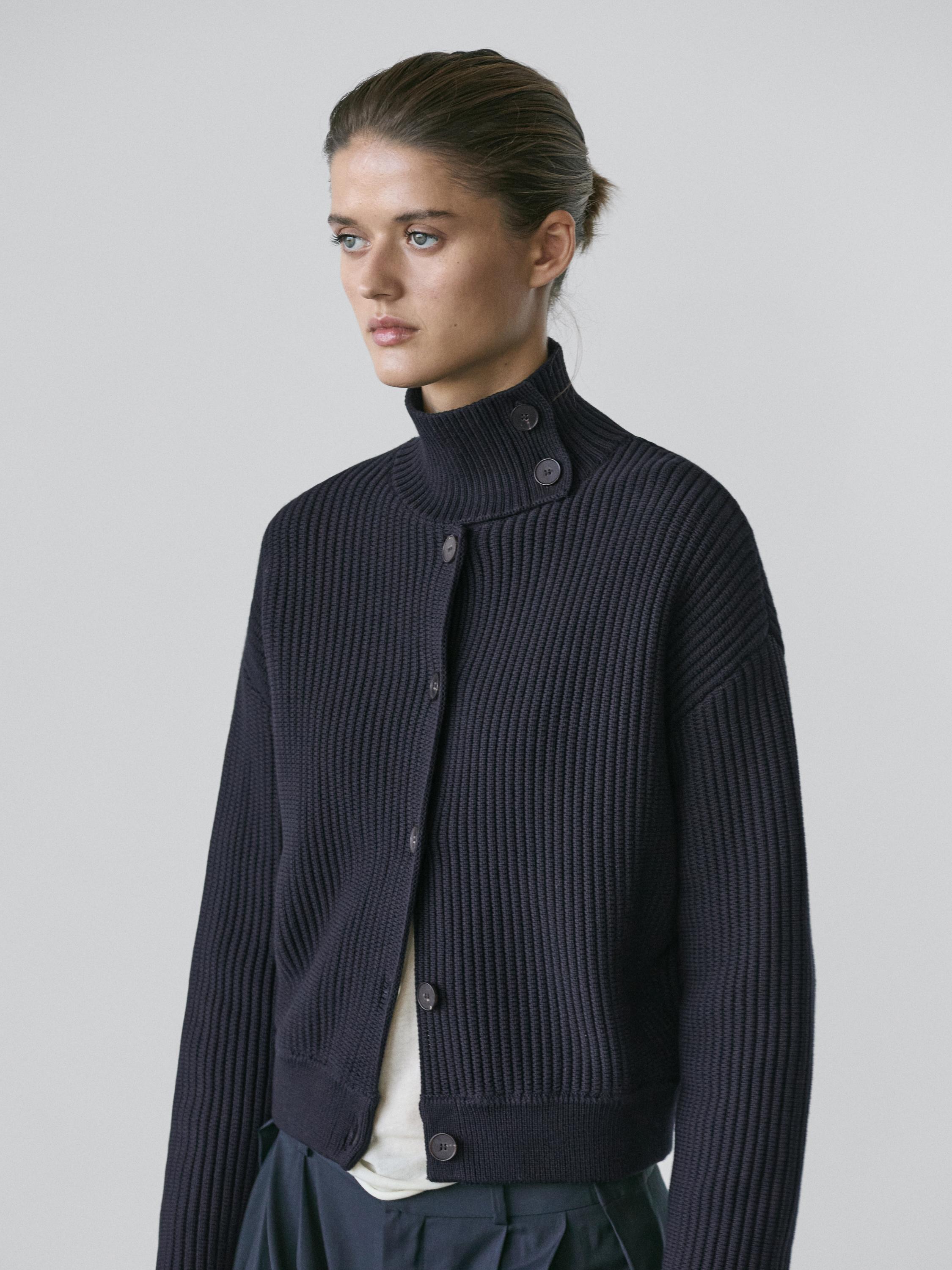 Cotton high neck knit cardigan