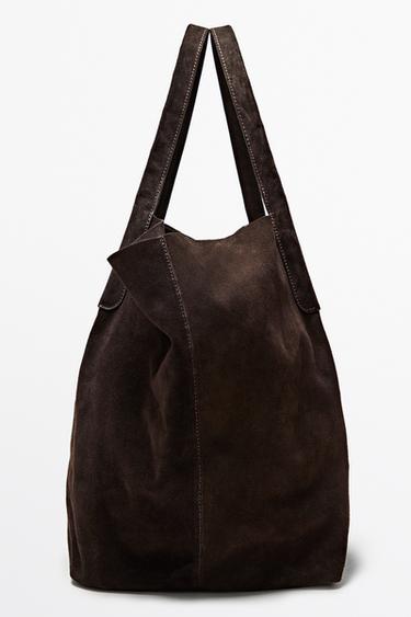 Split suede leather tote bag — Chocolate 2