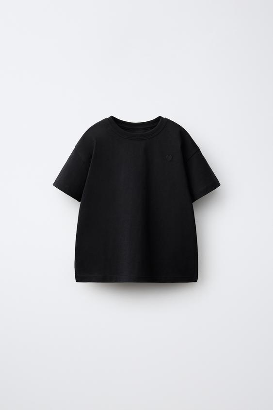 Zara 素色愛心刺繡 T 恤 - 黑色 - 圖片 0