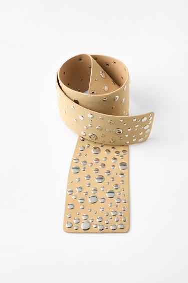 100% LEATHER CUMMERBUND BELT WITH STUDS - Light yellow by Zara