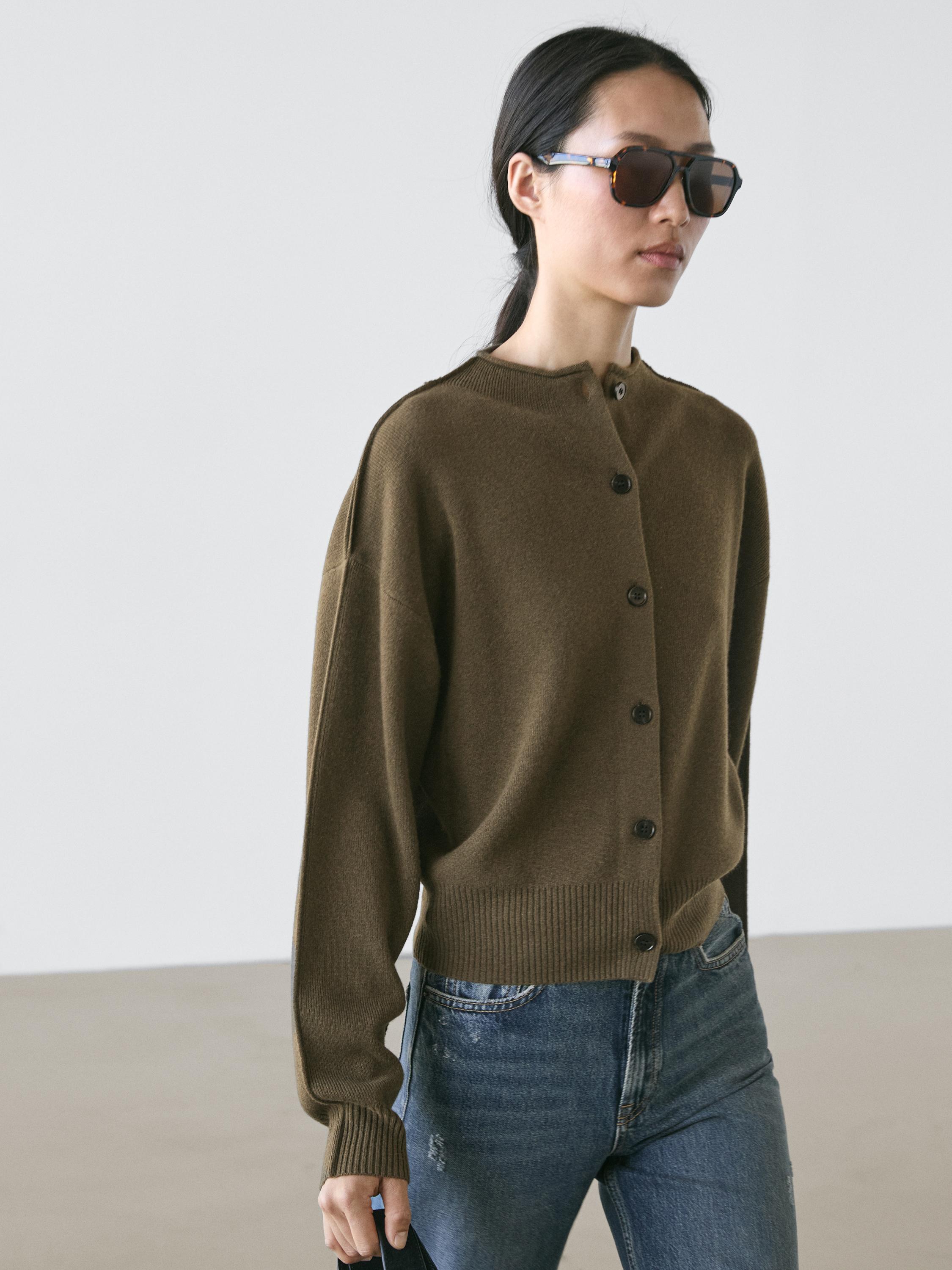 Wool blend knit cardigan with seam details