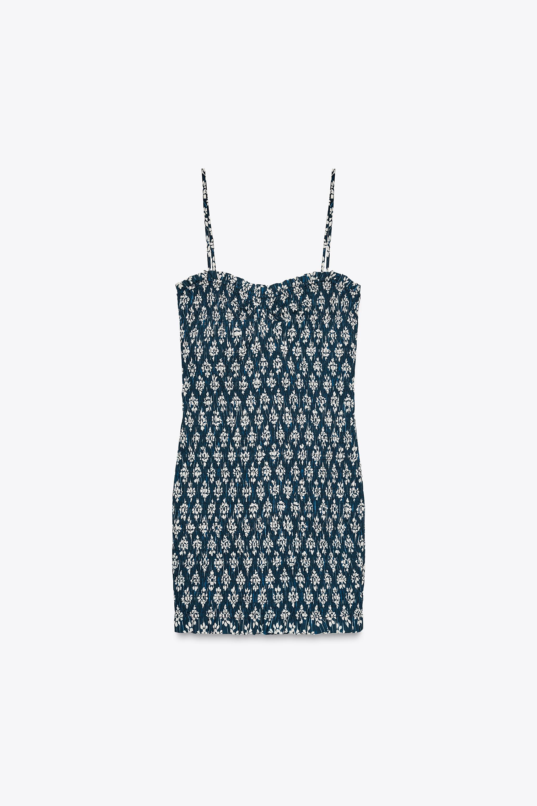 スモッキング加工プリント柄ミニワンピース - 青色/白色 | ZARA