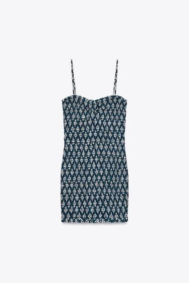ROBE COURTE IMPRIMÉE NID D'ABEILLE - Bleu / Blanc de Zara - Image 2