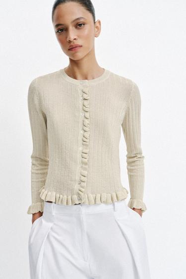 Zara METALLIC THREAD RUFFLED KNIT CARDIGAN - Golden