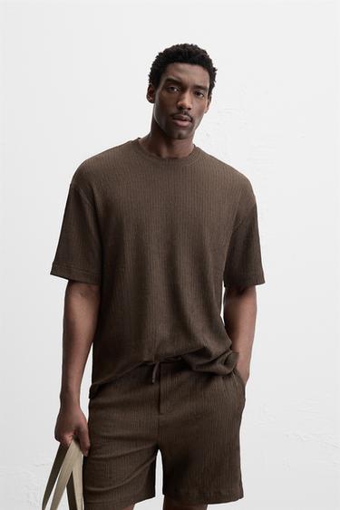 Zara TEXTURED JACQUARD T-SHIRT - Dark brown