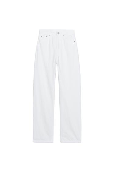 Front view of white trousers with front pockets and button and zip fastening.
