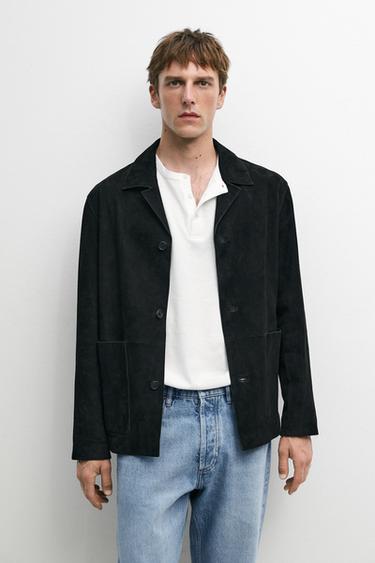 Zara Suede leather jacket with pockets - Black