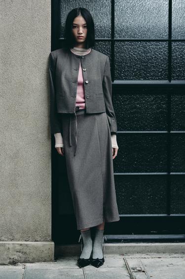 Zara 圓領短版西裝外套 - 灰色