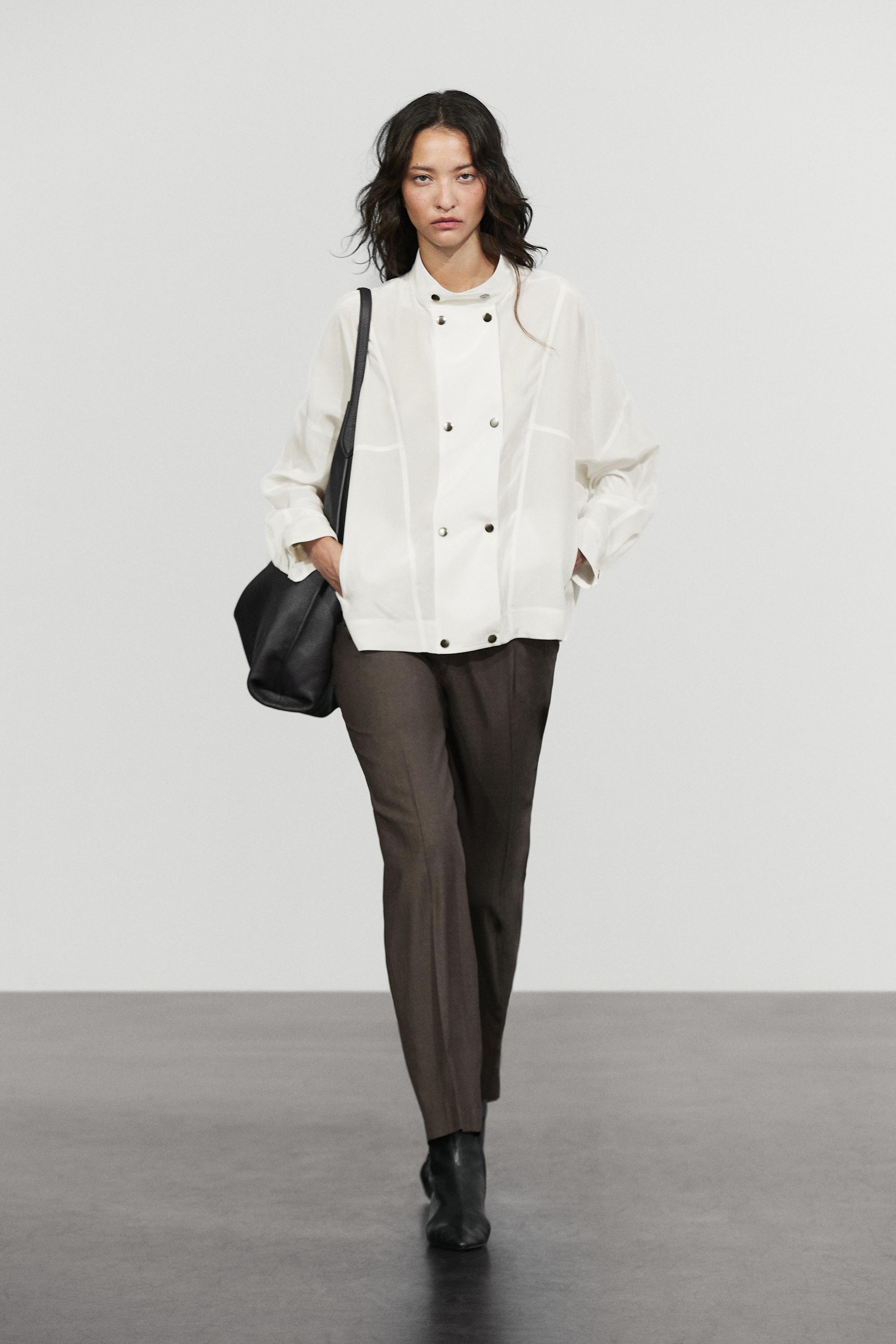 Snap-button stand collar shirt - Ecru | ZARA United States