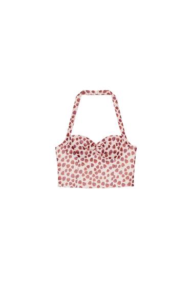 Zara PRINTED HALTER TOP - Ecru / Red