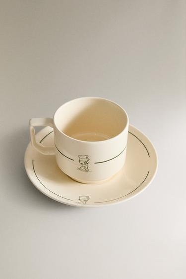 STONEWARE TEACUP AND SAUCER - White / Green by Zara - Image 1