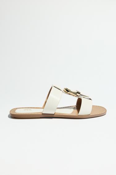 Zara DOUBLE STRAP BUCKLE FLAT SANDALS - white
