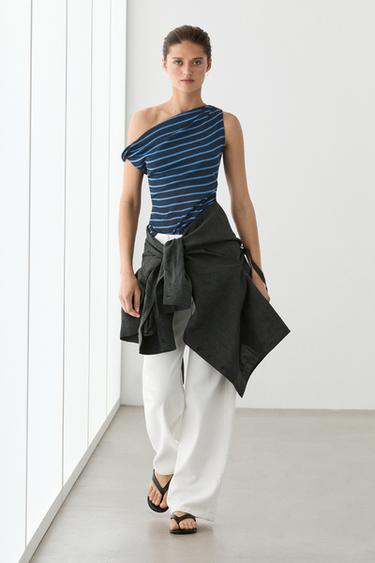 Zara Striped cotton top with draped detail - Blue - Image 0