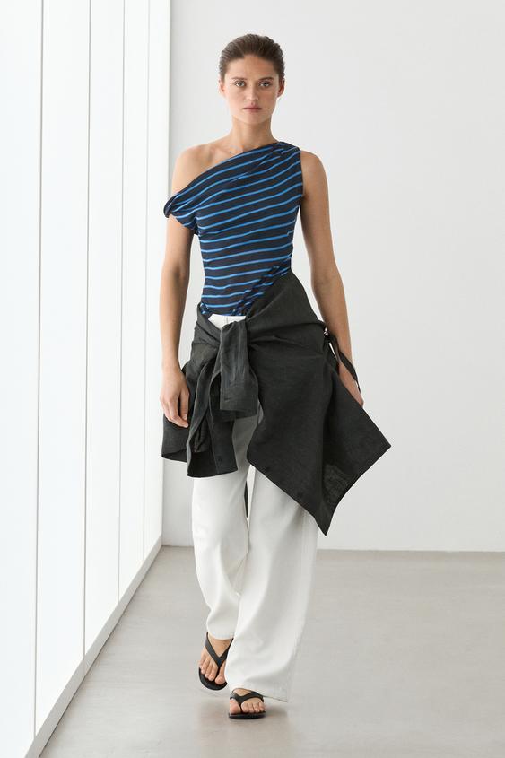 Striped cotton top with draped detail from Zara - $70