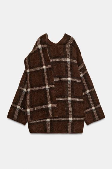 MANTEAU COURT EN MAILLE À ÉCHARPE À CARREAUX - Marron de Zara - Image 2