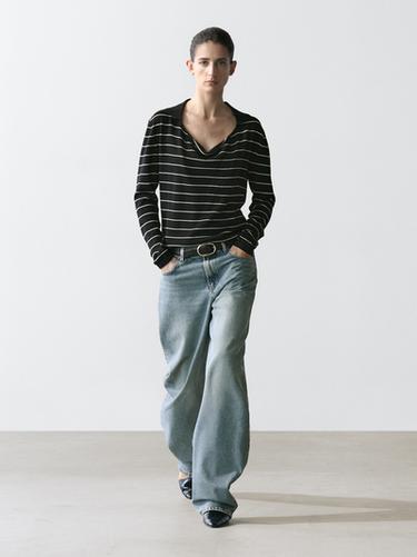 Zara Striped cotton knit polo sweater - Navy blue - Image 0